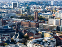 A drone captures a view of the town hall (C-R) and cathedral (C-L) in Berlin, Germany, on November 2, 2024. (