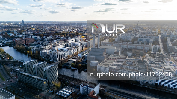 A drone captures a view of the River Spree with the Vattenfall power plant in Berlin, Germany, on November 2, 2024. 