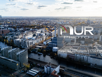 A drone captures a view of the River Spree with the Vattenfall power plant in Berlin, Germany, on November 2, 2024. (