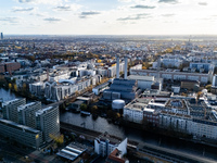 A drone captures a view of the River Spree with the Vattenfall power plant in Berlin, Germany, on November 2, 2024. (