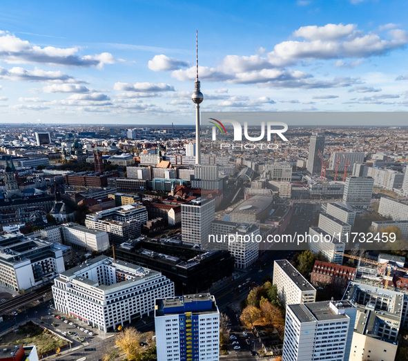 A drone captures a view of the city from Holzmarkt towards Alexanderplatz in Berlin, Germany, on November 2, 2024. 