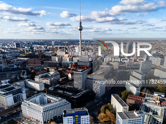 A drone captures a view of the city from Holzmarkt towards Alexanderplatz in Berlin, Germany, on November 2, 2024. (