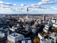 A drone captures a view of the city from Holzmarkt towards Alexanderplatz in Berlin, Germany, on November 2, 2024. (