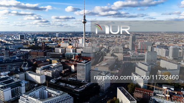 A drone captures a view of the city from Holzmarkt towards Alexanderplatz in Berlin, Germany, on November 2, 2024. 