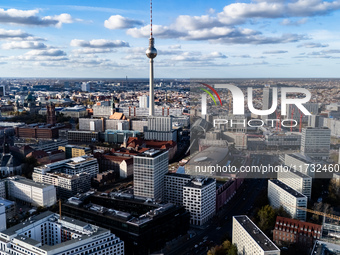 A drone captures a view of the city from Holzmarkt towards Alexanderplatz in Berlin, Germany, on November 2, 2024. (