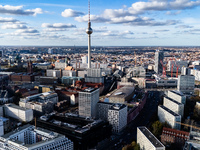 A drone captures a view of the city from Holzmarkt towards Alexanderplatz in Berlin, Germany, on November 2, 2024. (