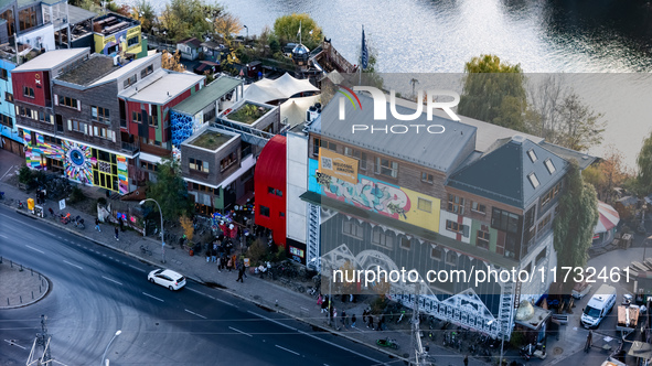 A drone captures a view of the Holzmarkt housing development in Berlin, Germany, on November 2, 2024. 