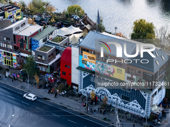 A drone captures a view of the Holzmarkt housing development in Berlin, Germany, on November 2, 2024. (