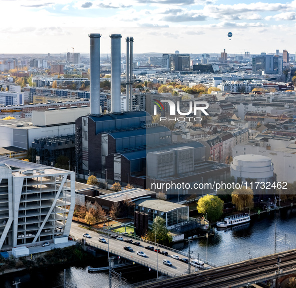 A drone captures a view of the Vattenfall power plant in Berlin, Germany, on November 2, 2024. 