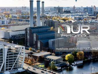 A drone captures a view of the Vattenfall power plant in Berlin, Germany, on November 2, 2024. (