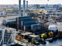 A drone captures a view of the Vattenfall power plant in Berlin, Germany, on November 2, 2024. (