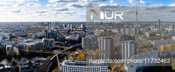 A drone captures a view of the city from Holzmarkt towards Alexanderplatz in Berlin, Germany, on November 2, 2024. 