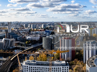 A drone captures a view of the city from Holzmarkt towards Alexanderplatz in Berlin, Germany, on November 2, 2024. (