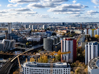 A drone captures a view of the city from Holzmarkt towards Alexanderplatz in Berlin, Germany, on November 2, 2024. (