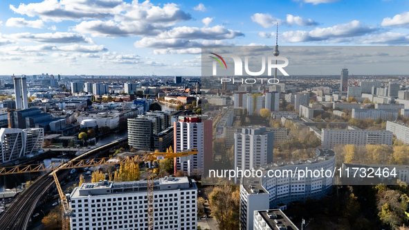 A drone captures a view of the city from Holzmarkt towards Alexanderplatz in Berlin, Germany, on November 2, 2024. 