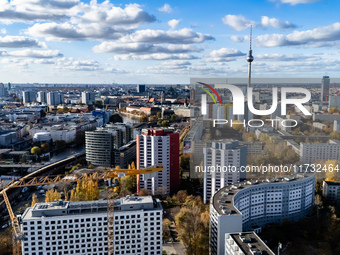 A drone captures a view of the city from Holzmarkt towards Alexanderplatz in Berlin, Germany, on November 2, 2024. (