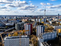 A drone captures a view of the city from Holzmarkt towards Alexanderplatz in Berlin, Germany, on November 2, 2024. (