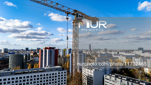 A drone captures a view of the city from Holzmarkt towards Alexanderplatz in Berlin, Germany, on November 2, 2024. 