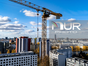 A drone captures a view of the city from Holzmarkt towards Alexanderplatz in Berlin, Germany, on November 2, 2024. (