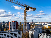 A drone captures a view of the city from Holzmarkt towards Alexanderplatz in Berlin, Germany, on November 2, 2024. (