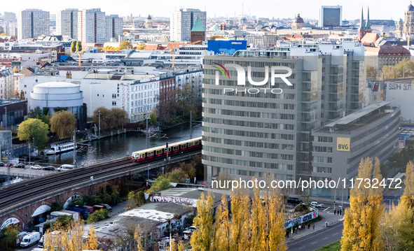 A drone captures a view of the BVG headquarters (right) and the railroad axis east-west in Berlin, Germany, on November 2, 2024. 