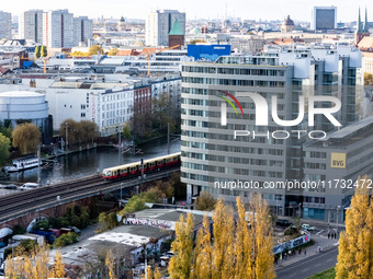 A drone captures a view of the BVG headquarters (right) and the railroad axis east-west in Berlin, Germany, on November 2, 2024. (