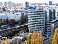 A drone captures a view of the BVG headquarters (right) and the railroad axis east-west in Berlin, Germany, on November 2, 2024. (