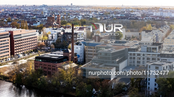 A drone captures a view of the former ice factory (C) in Berlin, Germany, on November 2, 2024. 