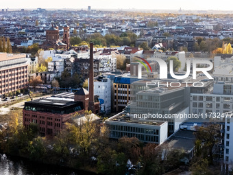 A drone captures a view of the former ice factory (C) in Berlin, Germany, on November 2, 2024. (