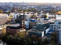 A drone captures a view of the former ice factory (C) in Berlin, Germany, on November 2, 2024. (