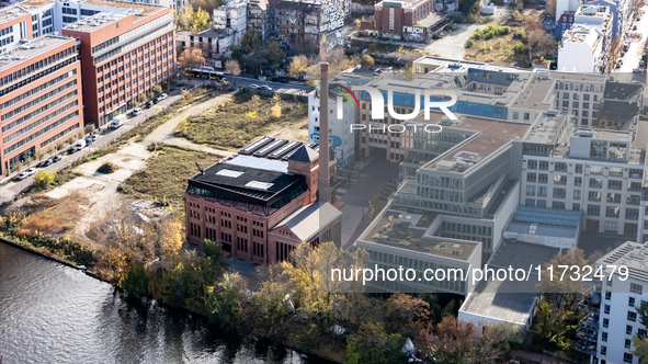 A drone captures a view of the former ice factory (C) in Berlin, Germany, on November 2, 2024. 