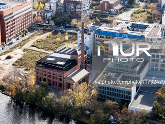 A drone captures a view of the former ice factory (C) in Berlin, Germany, on November 2, 2024. (