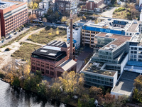 A drone captures a view of the former ice factory (C) in Berlin, Germany, on November 2, 2024. (