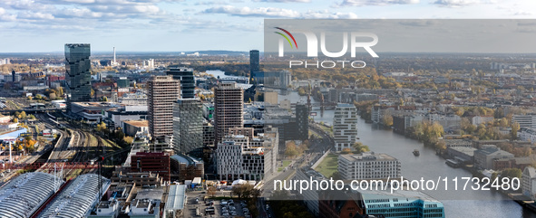 A drone captures a view of the river Spree from the Holzmarkt towards Warschauer Bruecke in Berlin, Germany, on November 2, 2024. 