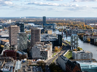 A drone captures a view of the river Spree from the Holzmarkt towards Warschauer Bruecke in Berlin, Germany, on November 2, 2024. (