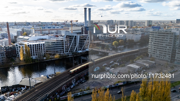 A drone captures a view of the River Spree and the east-west railroad from the Holzmarkt in Berlin, Germany, on November 2, 2024. 