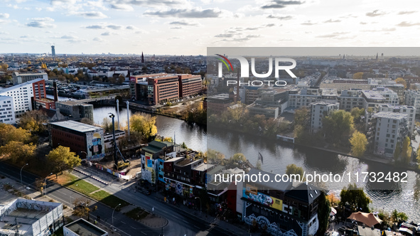 A drone captures a view of the river Spree by the Holzmarkt in Berlin, Germany, on November 2, 2024. 