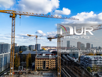 A drone captures a view of a construction site and cranes in the area of Holzmarktstrasse in Berlin, Germany, on November 2, 2024. (