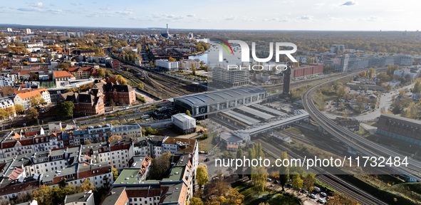 A drone captures a view of the transport nodal point of Ostkreuz and the junction between Markgrafendamm in Berlin, Germany, on November 2,...