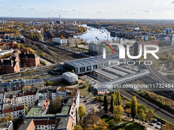 A drone captures a view of the transport nodal point of Ostkreuz and the junction between Markgrafendamm in Berlin, Germany, on November 2,...