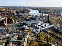 A drone captures a view of the transport nodal point of Ostkreuz and the junction between Markgrafendamm in Berlin, Germany, on November 2,...