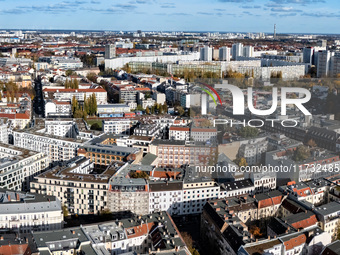 A drone captures a view from Ostkreuz of the Friedrichshain neighborhood in Berlin, Germany, on November 2, 2024. (