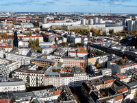 A drone captures a view from Ostkreuz of the Friedrichshain neighborhood in Berlin, Germany, on November 2, 2024. (