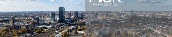 A drone captures a view from Ostkreuz towards Alexanderplatz (right) and Warschauer Strasse (left) in Berlin, Germany, on November 2, 2024. 