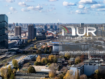 A drone captures a view from Ostkreuz towards Alexanderplatz (right) and Warschauer Strasse (left) in Berlin, Germany, on November 2, 2024....