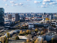 A drone captures a view from Ostkreuz towards Alexanderplatz (right) and Warschauer Strasse (left) in Berlin, Germany, on November 2, 2024....