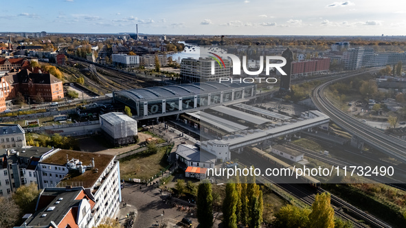 A drone captures a view of the transport nodal point of Ostkreuz and the junction between Markgrafendamm in Berlin, Germany, on November 2,...