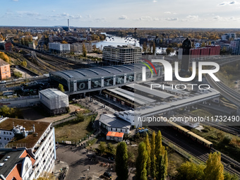 A drone captures a view of the transport nodal point of Ostkreuz and the junction between Markgrafendamm in Berlin, Germany, on November 2,...