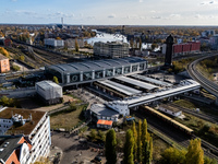 A drone captures a view of the transport nodal point of Ostkreuz and the junction between Markgrafendamm in Berlin, Germany, on November 2,...