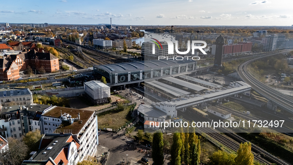 A drone captures a view of the transport nodal point of Ostkreuz and the junction between Markgrafendamm in Berlin, Germany, on November 2,...